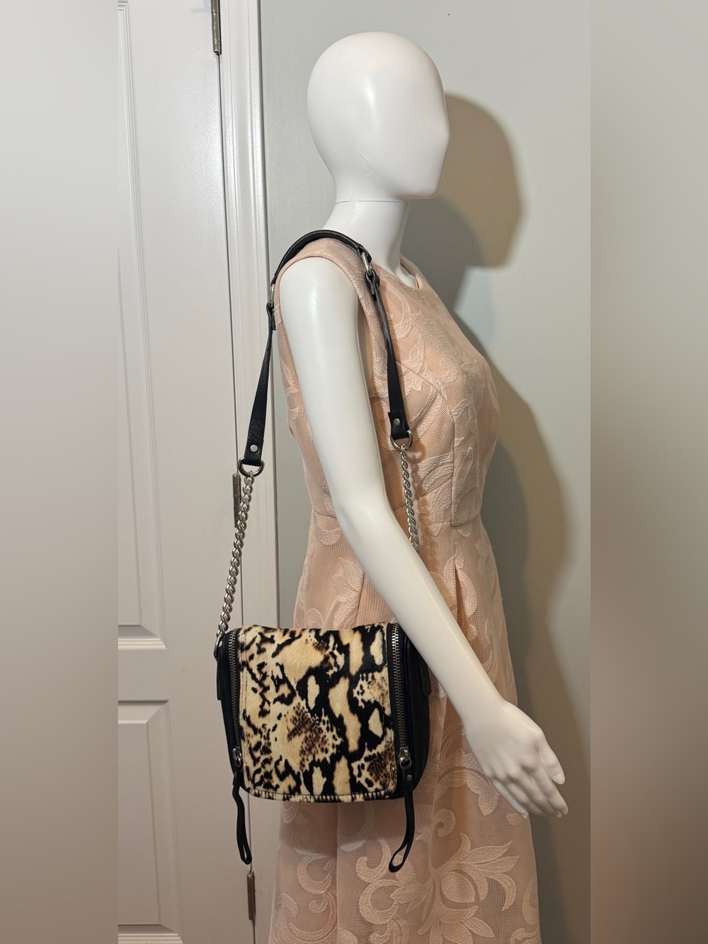Zara Basic Hair on Hide Leather Black Cream Leopard Print Cowhide Crossbody Bag - Picture 2 of 16